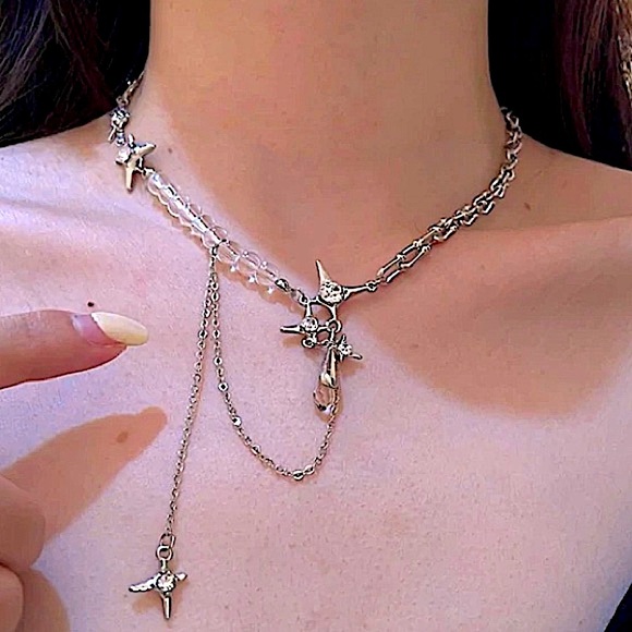 Silver North Star Beaded Chain Link Punk Necklace - Picture 2 of 13